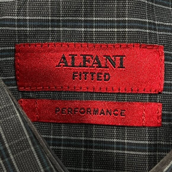 Alfani Button Up Shirt Fitted Performance Large 16 34/35 Gray Plaid Long Sleeve - Picture 4 of 6